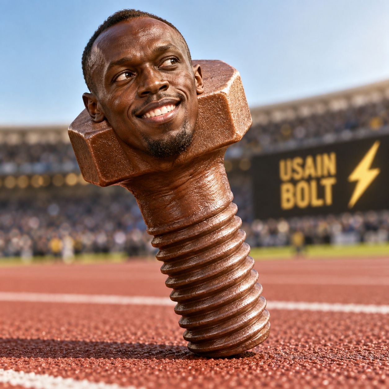 Usain Bolt's smiling face on a copper hex bolt standing on a red running track